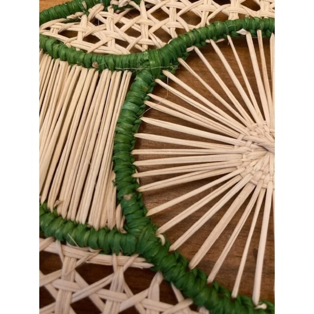 Vintage Woven Rattan Landscape Scene on Circular Hand Stitched Frame Wall Decor‎